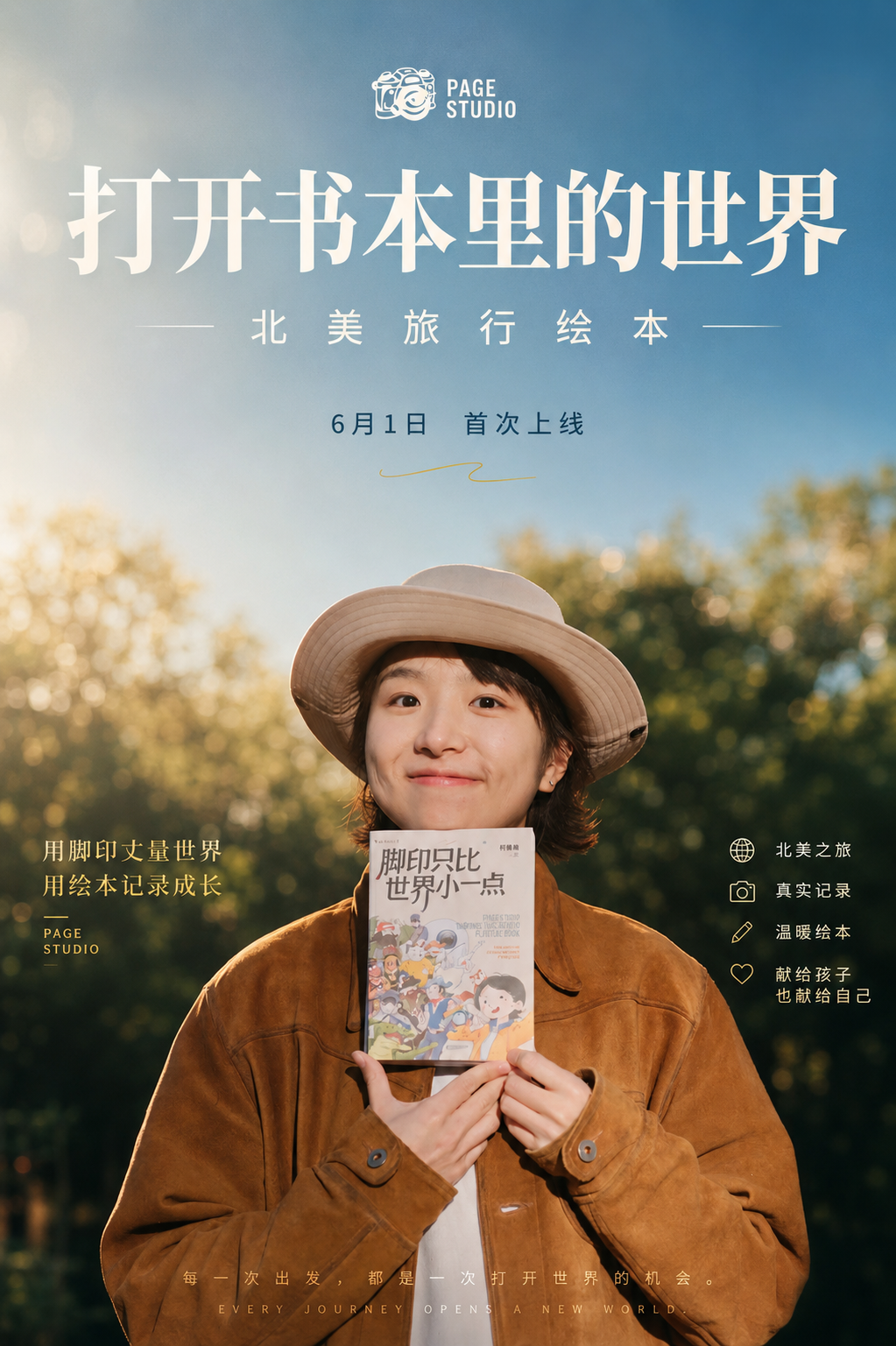 何香蓓手持《脚印只比世界小一点》的新书发布海报